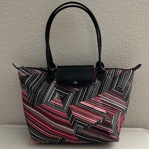 Longchamp Le Pliage small tote/shoulder bag Black/multi pink stripes